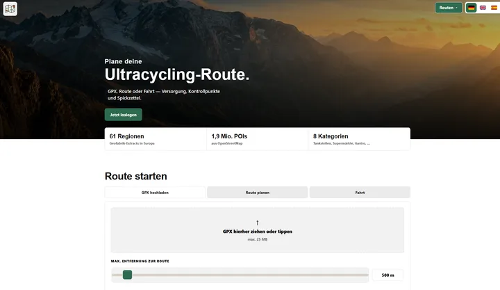 UltraPlaner Startseite mit Routenplanung